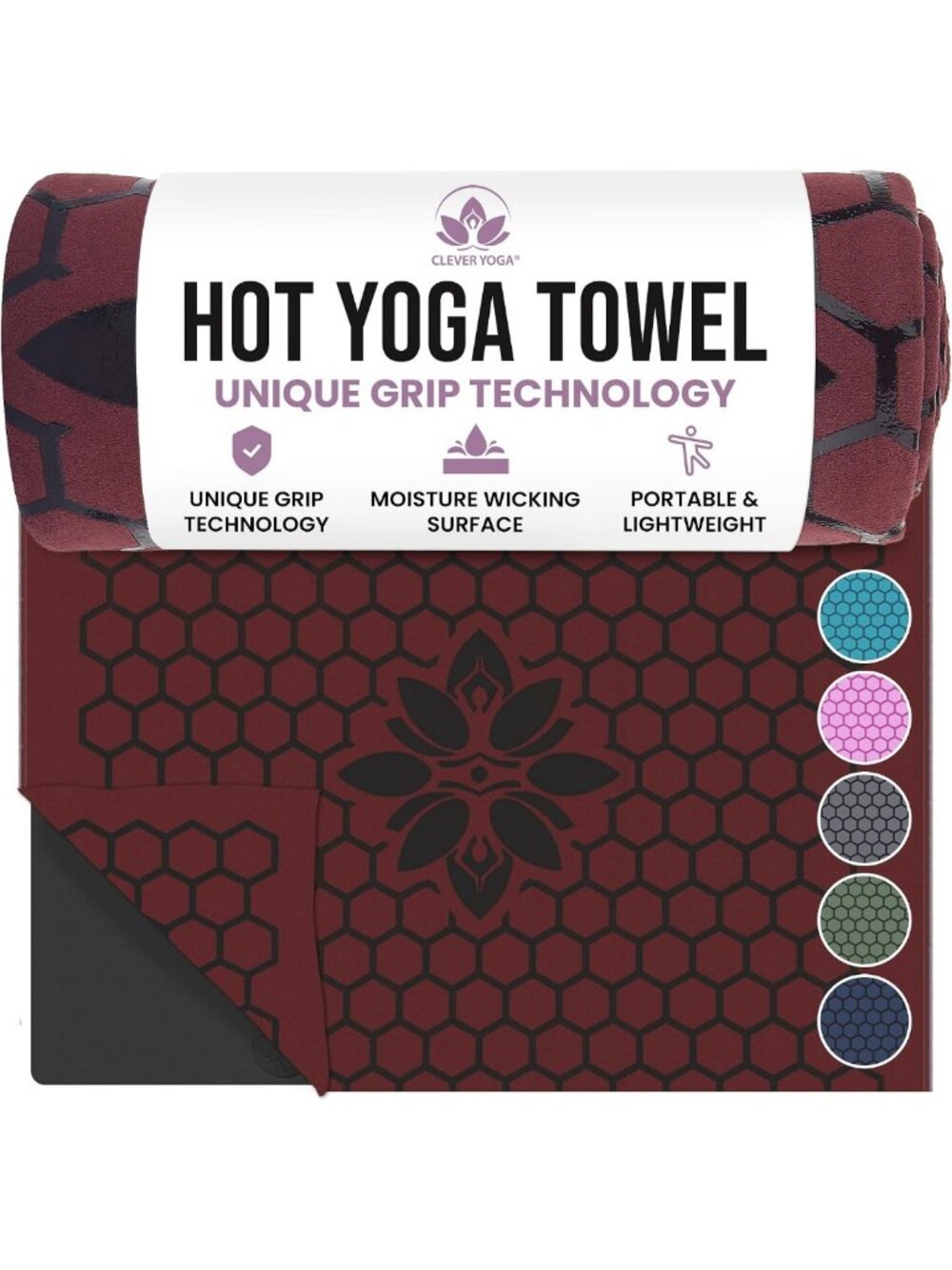 Non-Slip Hot Yoga Mat Towel - Sweat Absorbent, Lightweight, Washable, Burgundy